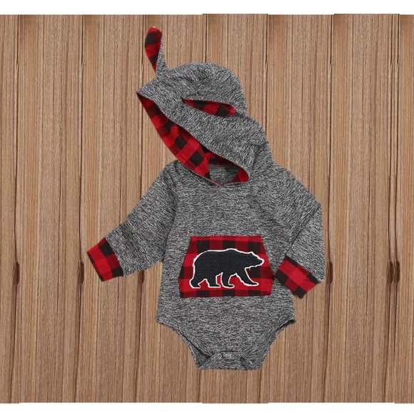 Lumberjack buffalo Plaid Christmas Outfit Clothes Bodysuit Hoodie Bear romper - Picture 2 of 3